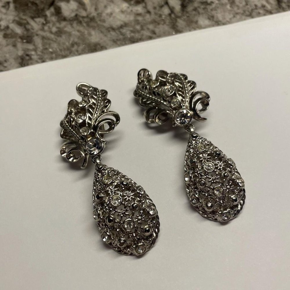 Large Statement Signed Barrera For Avon Rhinestone Convertible Clip on Earrings